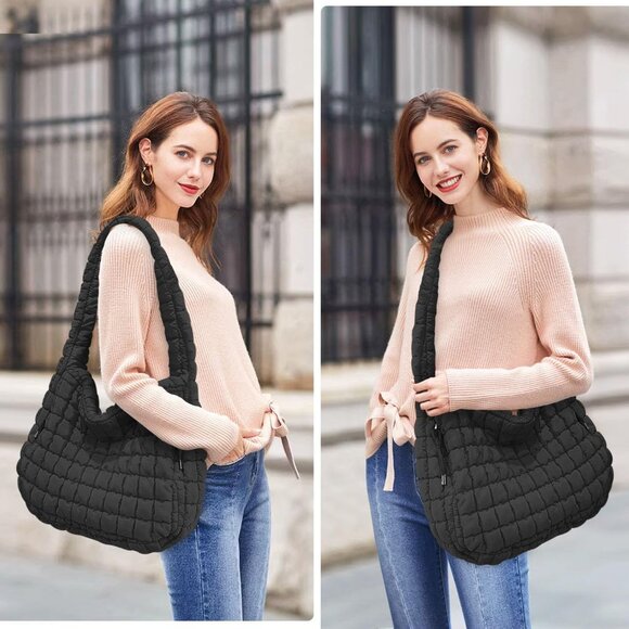 Women's Black Lightweight Cotton Puffy Quilted Hobo Bag Retro Soft Shoulder Bag - Picture 6 of 7